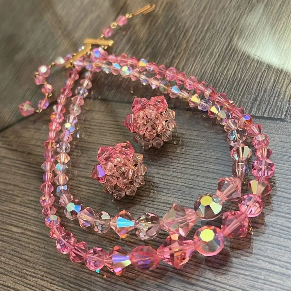 Vintage Two Strand Pink Ombré AB Crystal Necklace with Clip Earrings